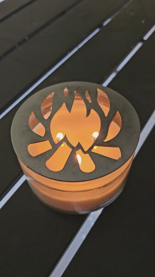 Campfire flame candle topper on jar candle preventing tunneling