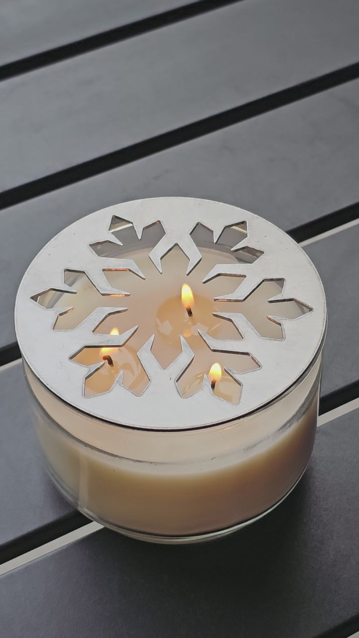 Glacier snowflake metal candle topper on jar candle for Christmas decor