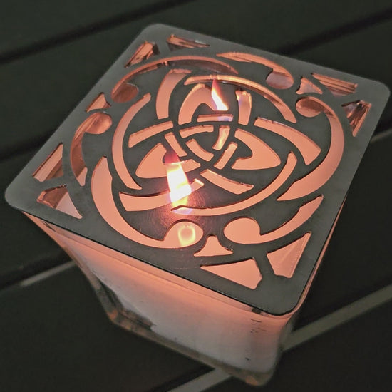 Celtic Trinity Knot candle topper square metal shade glowing on jar candle