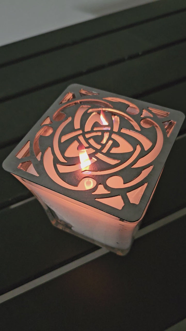Celtic Trinity Knot candle topper square metal shade glowing on jar candle
