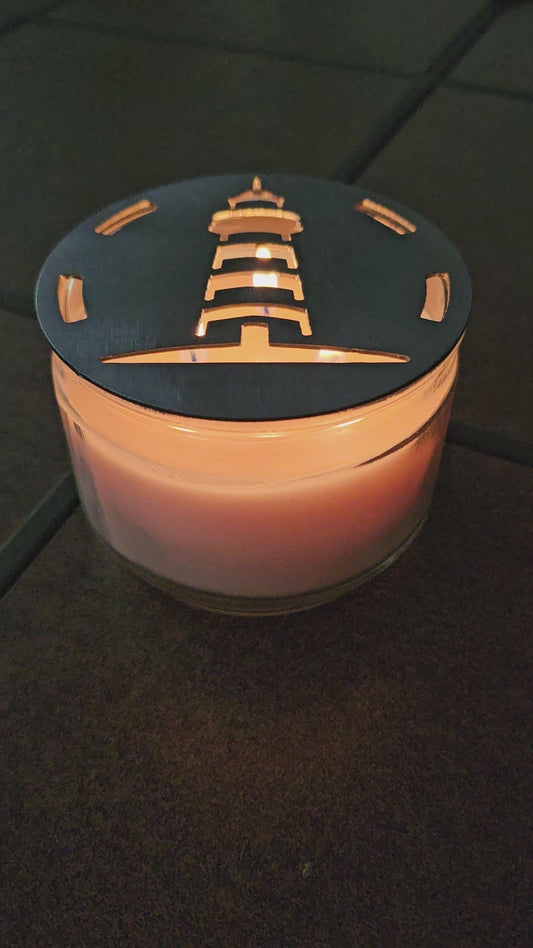 Lighthouse candle topper on jar candle