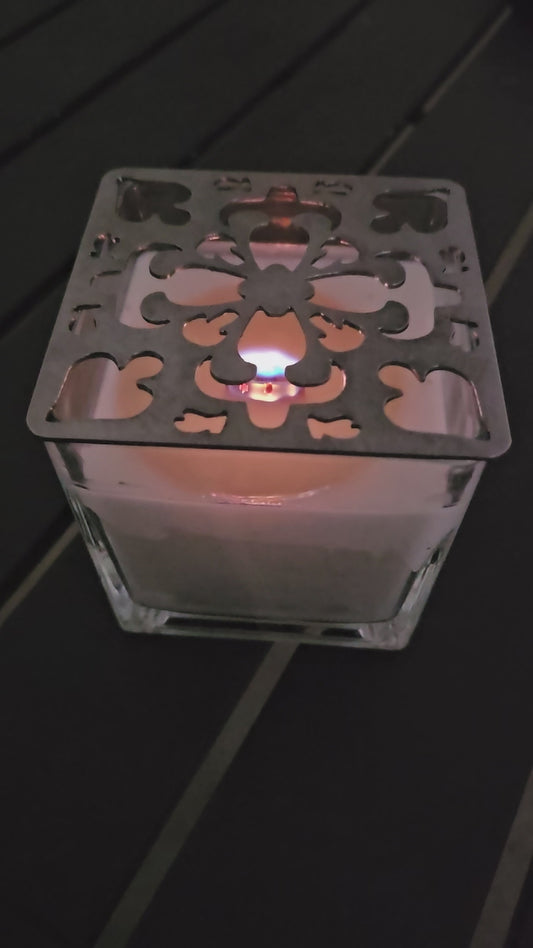 Square jar candle with artisan metal topper