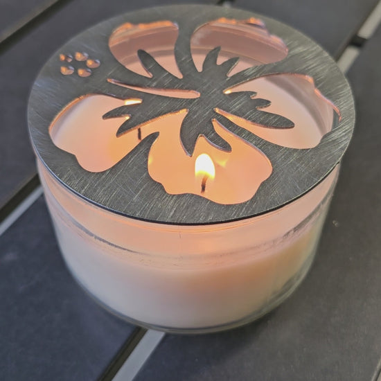 Hibiscus Flower Candle Topper – Floral Metal Candle Lid on Jar Candle, Tropical Home Décor Accessory