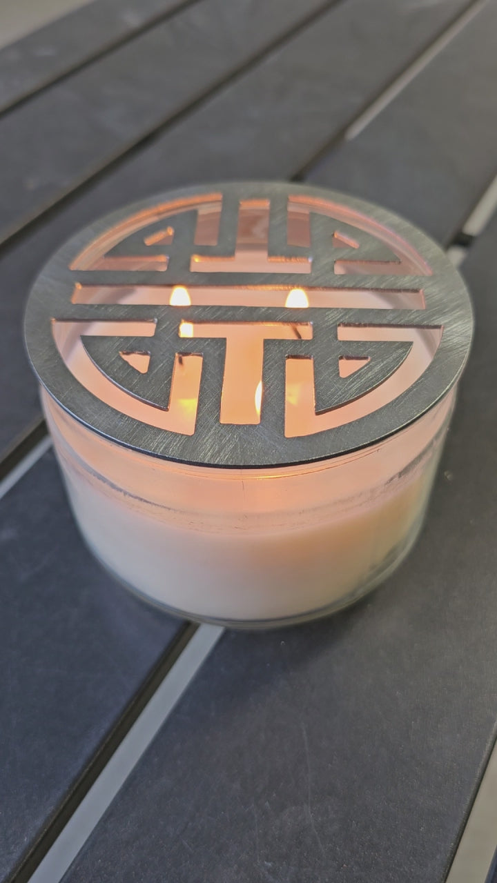 Raw metal candle lid with Chinese double happiness symbol