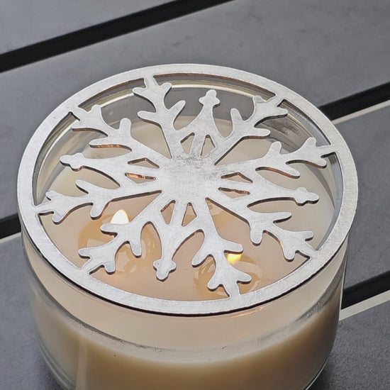 Crystal snowflake metal candle topper on jar candle