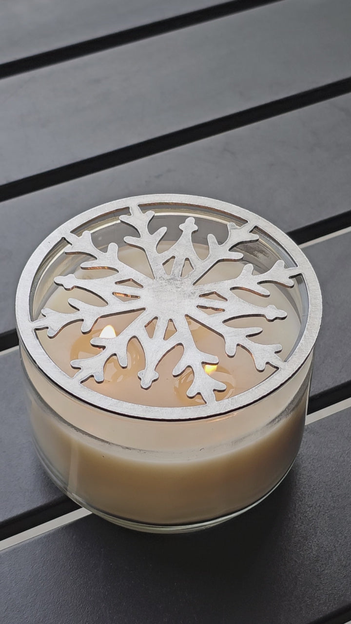 Crystal snowflake metal candle topper on jar candle