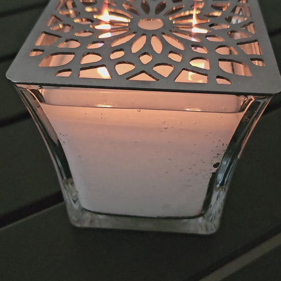 decorative metal candle jar topper square design