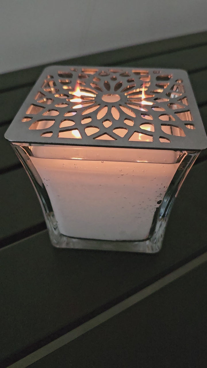 decorative metal candle jar topper square design