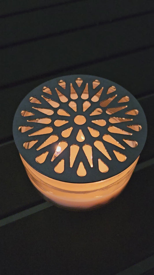 Glowburst Candle Topper – Sunburst Metal Candle Lid for Even Burn & Decorative Jar Candle Cover